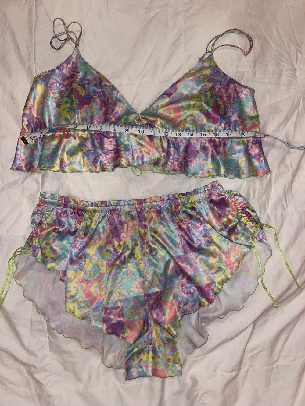 Pastel Floral Satin Ruffle Bralette & Shorts Sleep Set - Multicolor